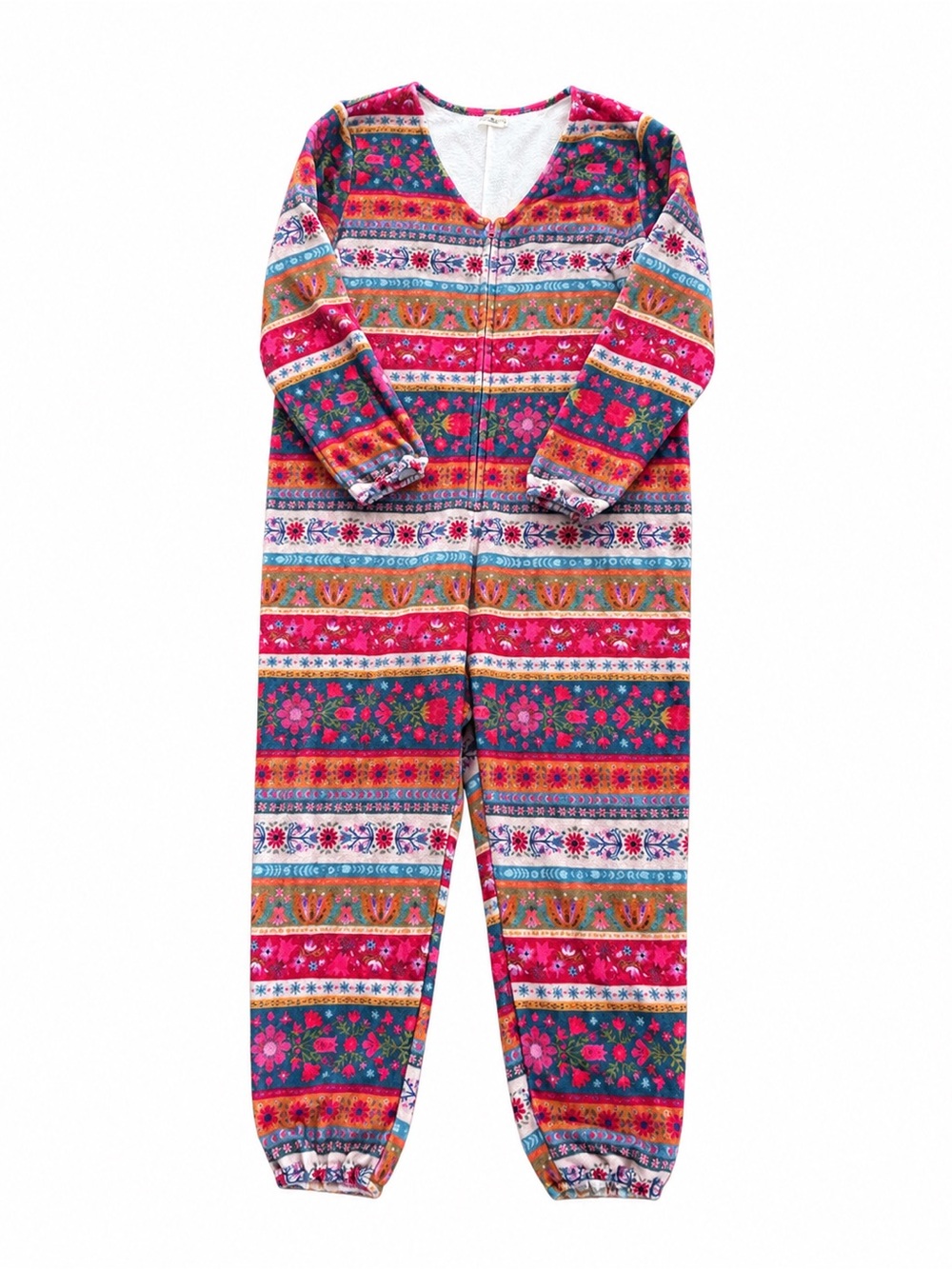 Natural Life Plush Fleece Onesie One Piece Pajamas Floral Fair Isle Size Large - Picture 3 of 9
